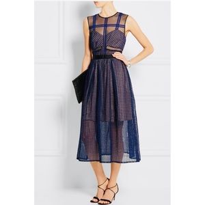 Self-Portrait royal blue Embroidered Tulle Organza Midi Dress